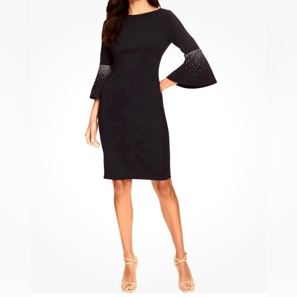 CALVIN KLEIN Rhinestone Bell Sleeve Sheath Dress